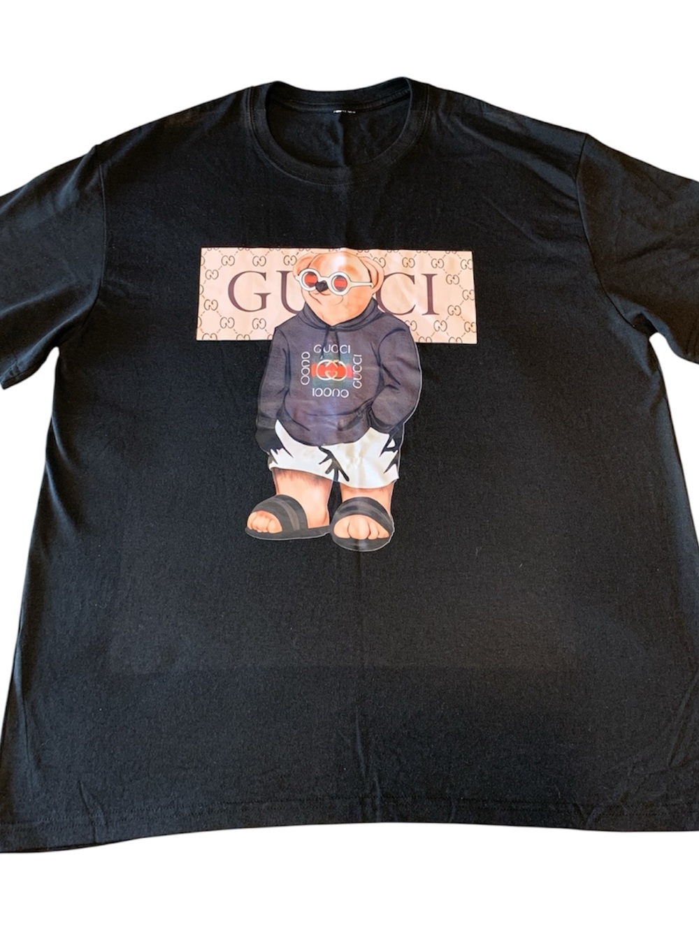 Black Tee with Beige Logo Panel and Multicolor Bear Graphic